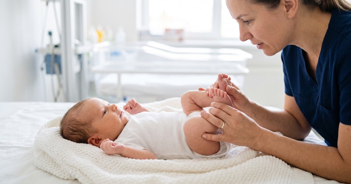 Pediatric orthopedic doctor gently examining a newborn baby's feet