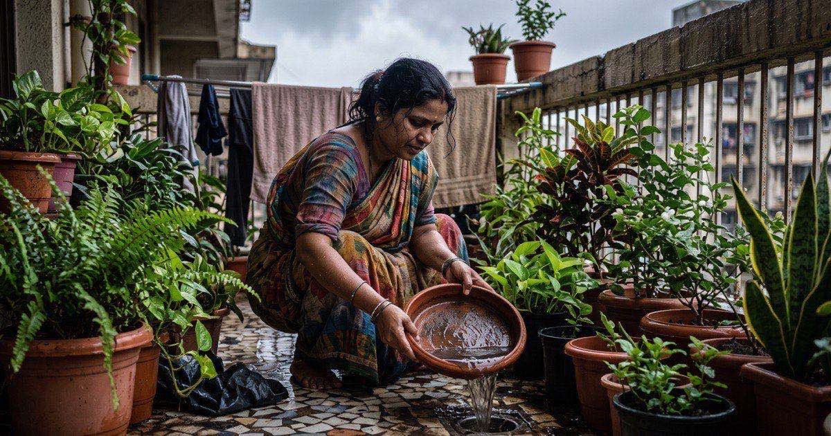 Woman emptying stagnant rainwater from a flower pot saucer on her balcony