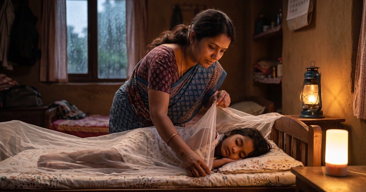 Mother tucking a mosquito net over her child's bed to prevent dengue