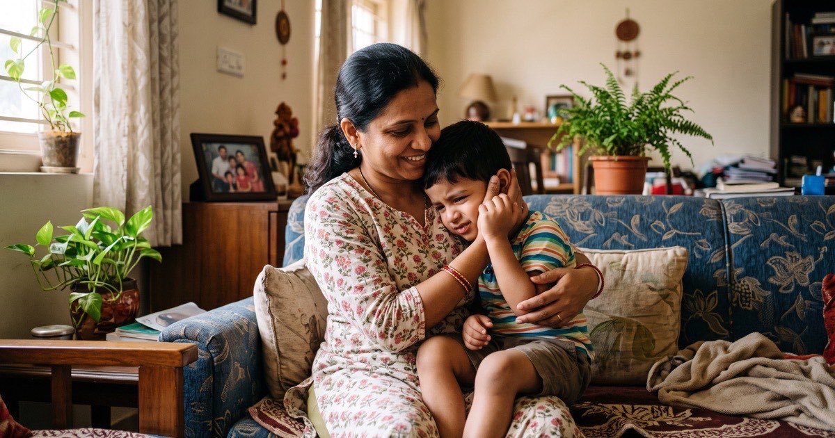 Indian mother comforting her young son who is holding his painful ear at home