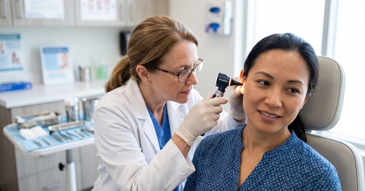 ENT doctor examining a patient's ear canal with a lighted otoscope