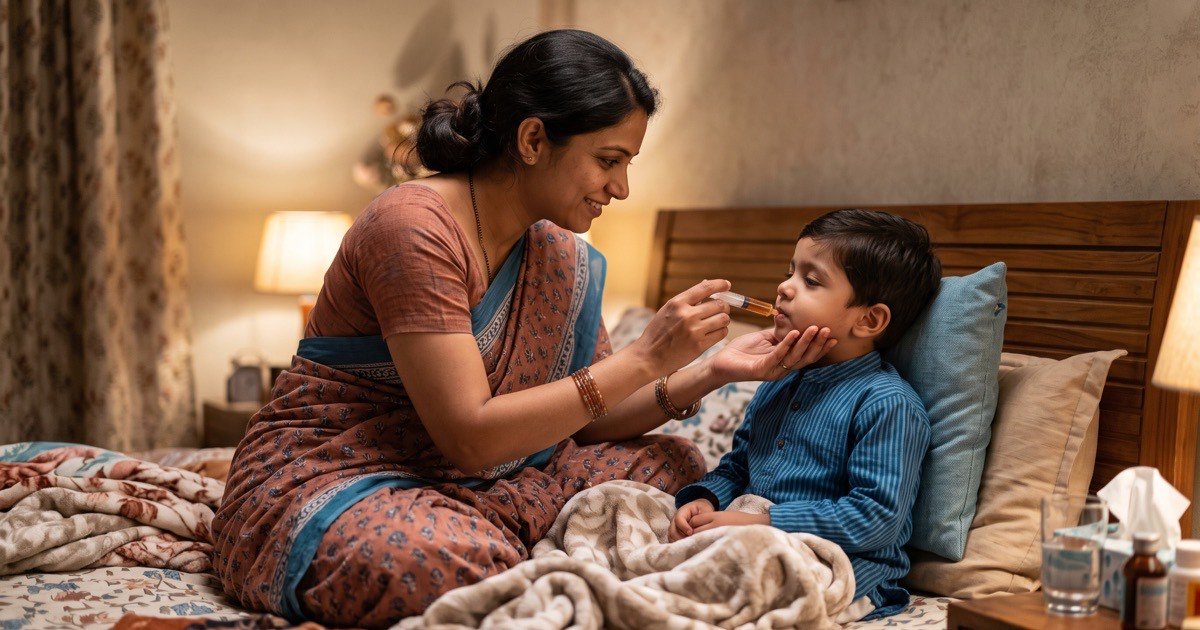 Mother giving her child liquid paracetamol with a dosing syringe in bed