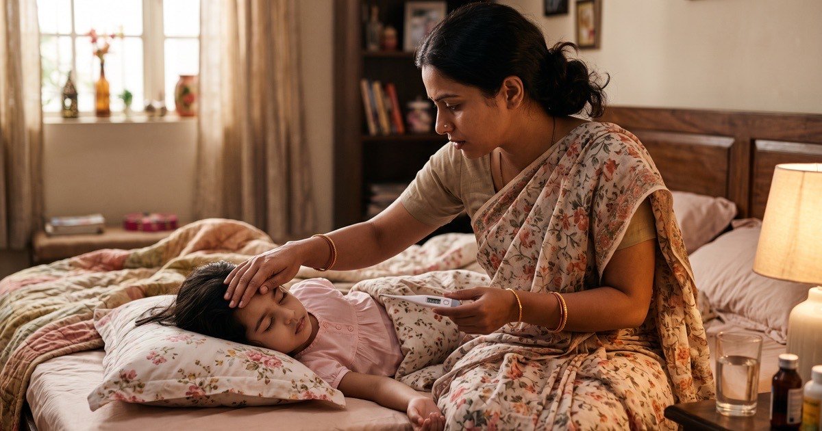 Mother checking her daughter's fever with her hand and a thermometer