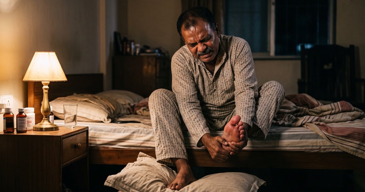 Man sitting on his bed at night holding his big toe during a gout flare
