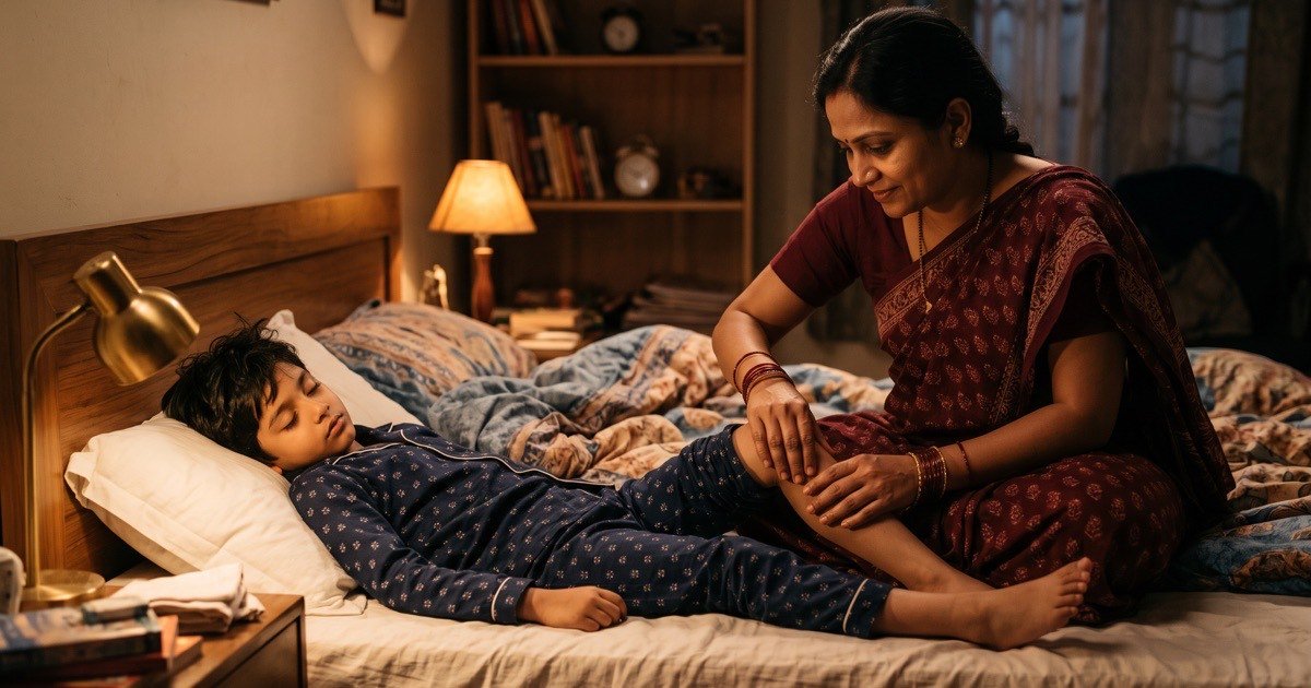 Mother massaging her son's calf at night to soothe growing pains