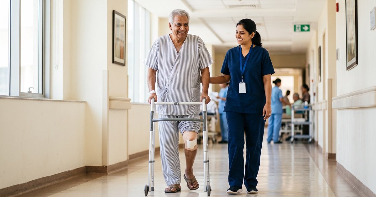 Elderly patient walking with a walker in a hospital corridor beside a physiotherapist