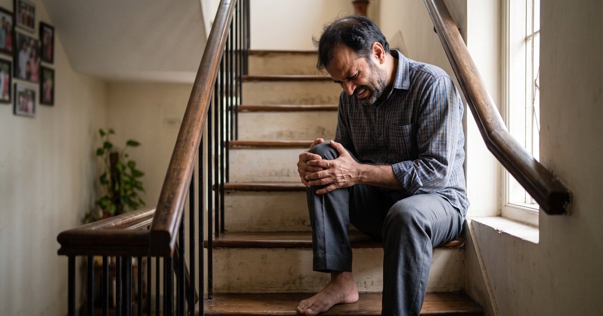 Middle-aged man pausing on stairs holding his painful knee