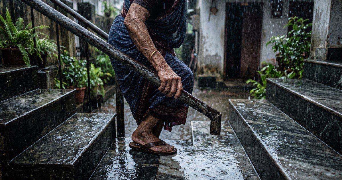 Hand gripping a railing while stepping down wet slippery steps in monsoon rain