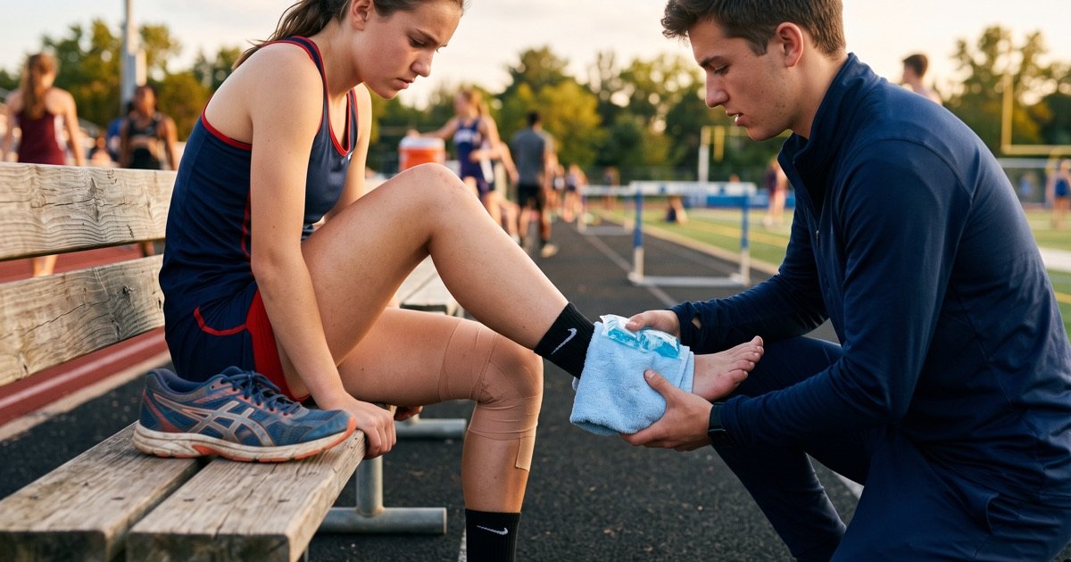 Ice pack wrapped in a towel held against a young athlete's ankle on a field bench