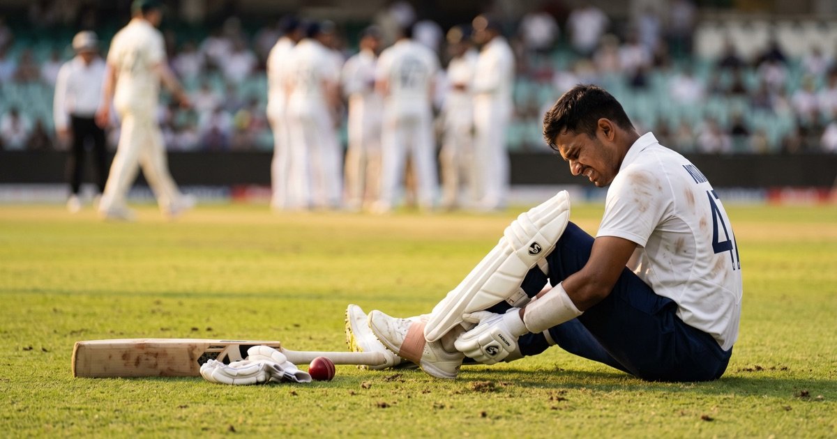 Young cricketer sitting on the field holding his injured ankle