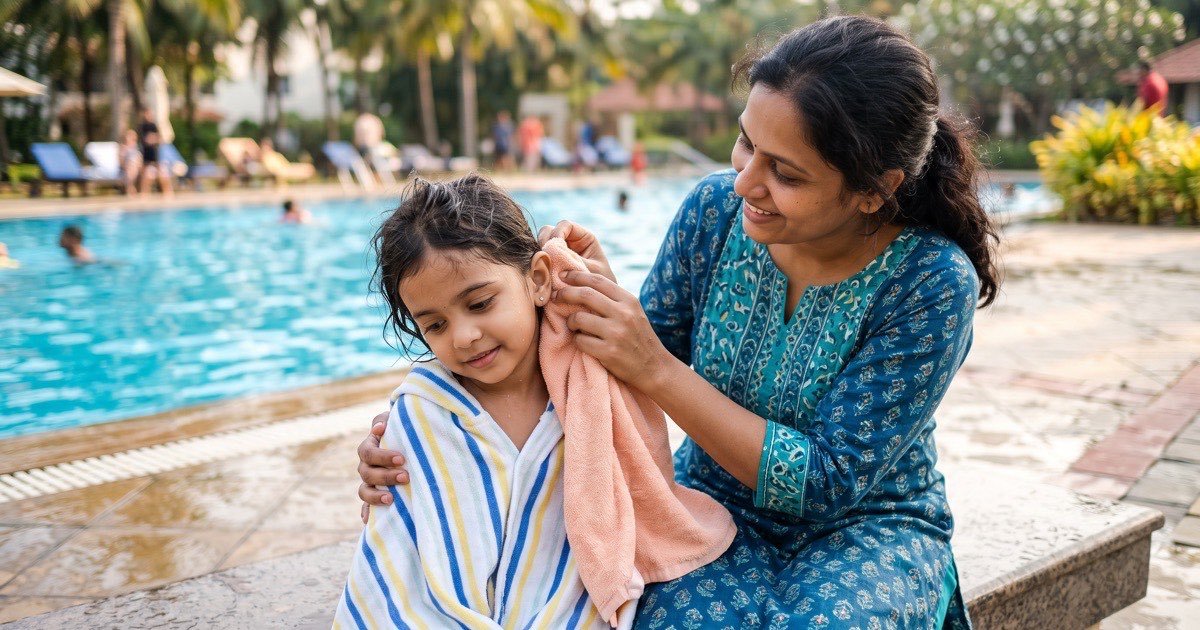 Mother drying her child's ear gently with a soft towel at the poolside