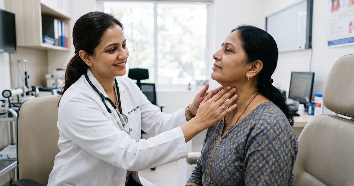 ENT doctor examining a patient's thyroid gland by palpating the front of her neck