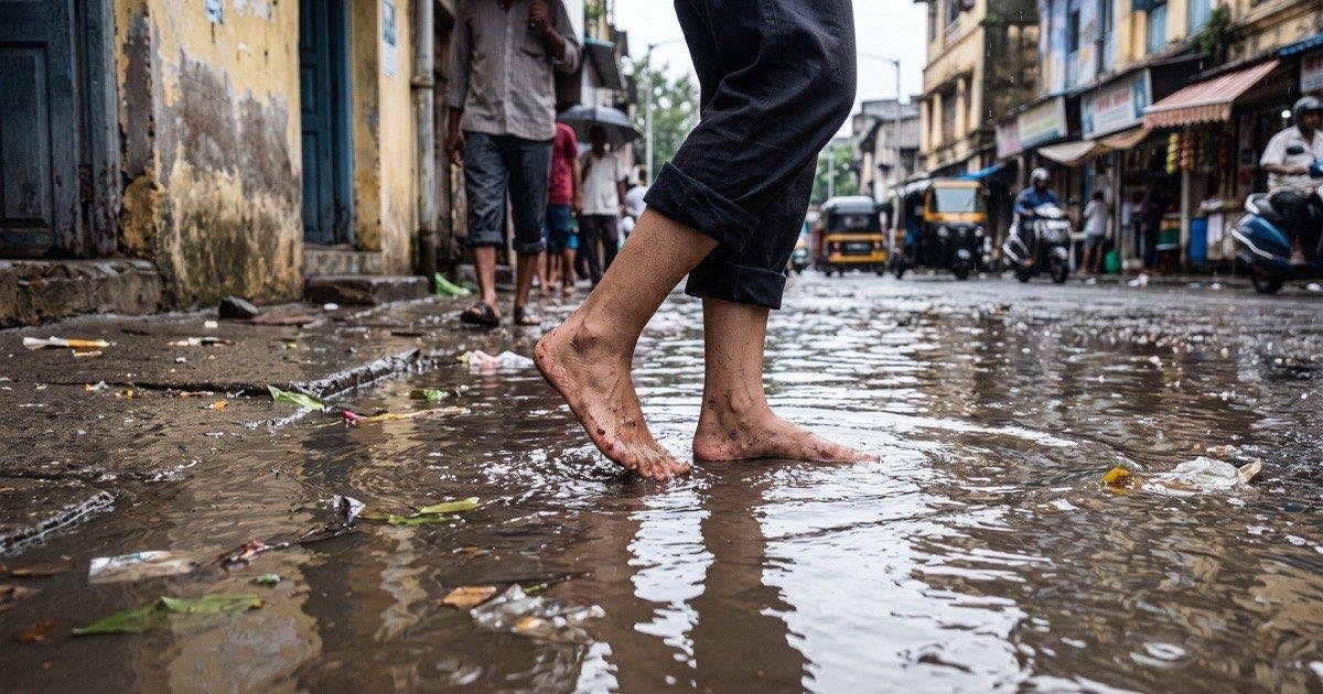 Bare feet wading through a waterlogged street during monsoon in an Indian city